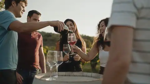 Un grupo de amigos cata vino tinto en un viñedo del Somontano